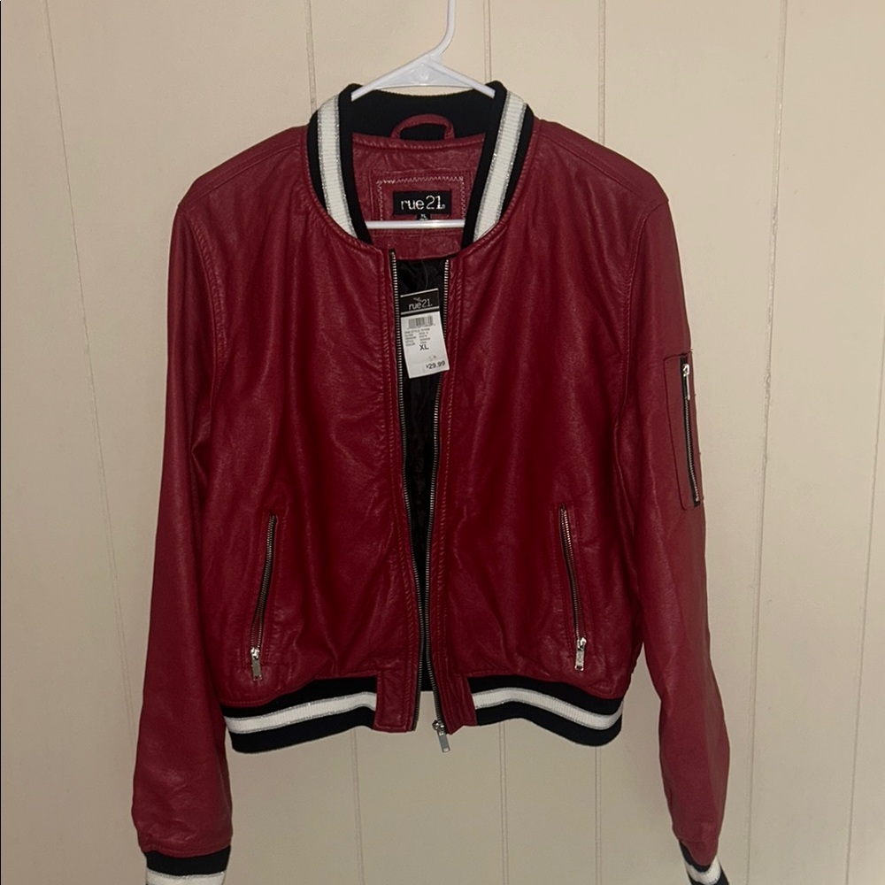 Rue21 Red Bomber Jacket with Sporty Stripes